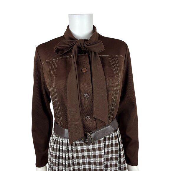 Vintage 70s Secretary Dress Womens L Brown Long Sleeve Ascot Necktie Plaid Skirt - Picture 4 of 11